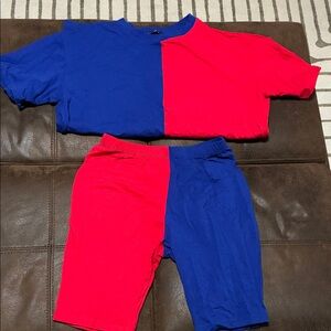 Red and Blue Color Block T-Shirt and Biker Shorts Set